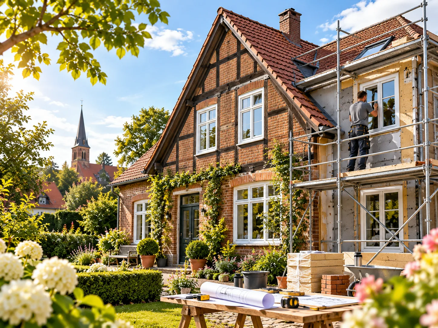 Fachwerk- und Backsteinhaus bei einer energetischen Modernisierung