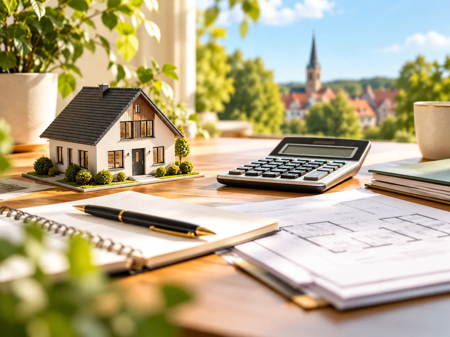 Hausmodell, Taschenrechner und Finanzierungsunterlagen auf einem Tisch