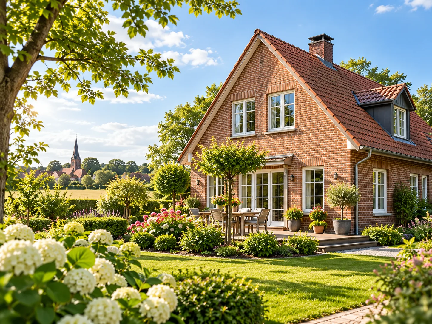 Illustration eines norddeutschen Backsteinhauses mit Garten