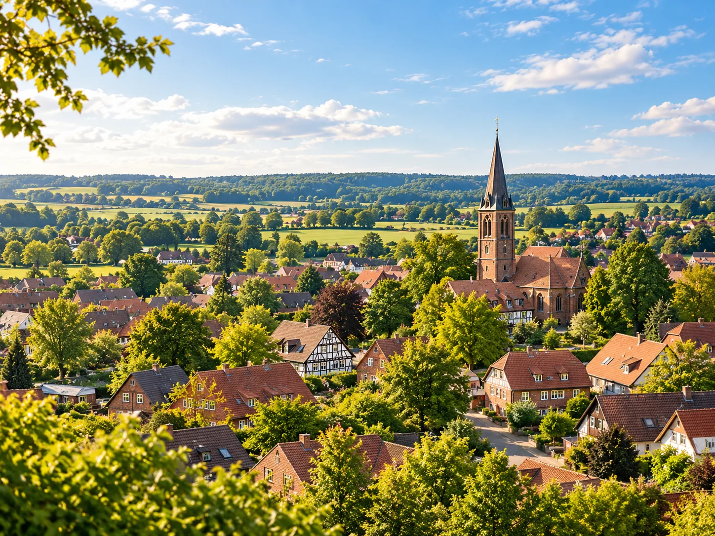 Illustrative norddeutsche Ortschaft mit Backsteinhäusern und Kirchturm
